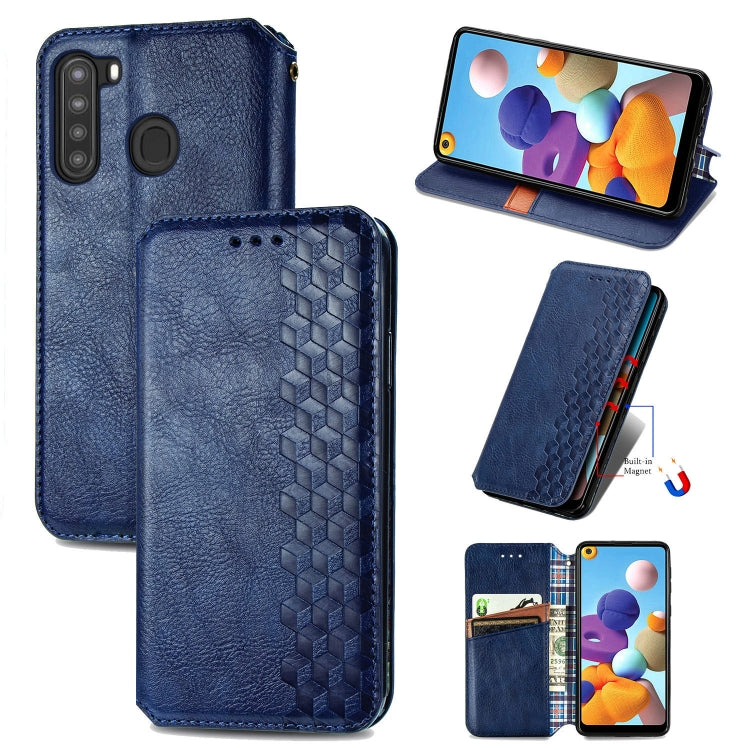 For Samsung Galaxy A21 (US Version) Cubic Grid Pressed Horizontal Flip Magnetic Leather Case with Holder & Card Slots & Wallet