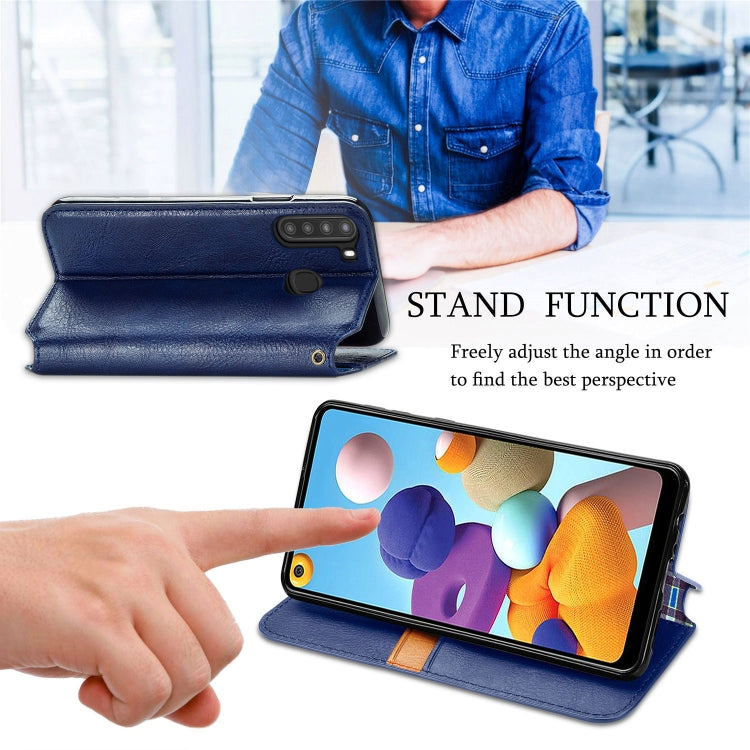 For Samsung Galaxy A21 (US Version) Cubic Grid Pressed Horizontal Flip Magnetic Leather Case with Holder & Card Slots & Wallet