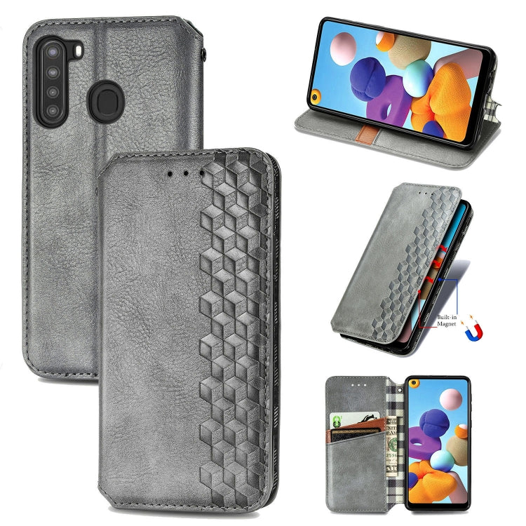 For Samsung Galaxy A21 (US Version) Cubic Grid Pressed Horizontal Flip Magnetic Leather Case with Holder & Card Slots & Wallet