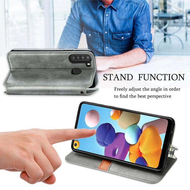 For Samsung Galaxy A21 (US Version) Cubic Grid Pressed Horizontal Flip Magnetic Leather Case with Holder & Card Slots & Wallet