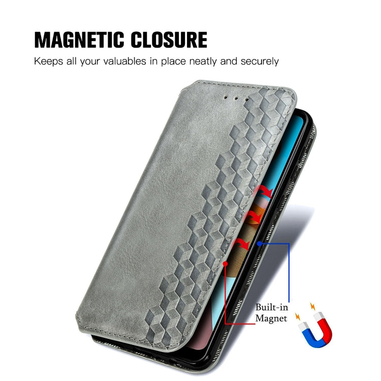 For Samsung Galaxy A21 (US Version) Cubic Grid Pressed Horizontal Flip Magnetic Leather Case with Holder & Card Slots & Wallet