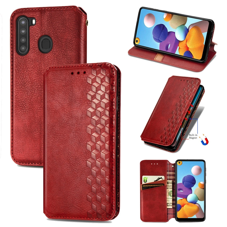 For Samsung Galaxy A21 (US Version) Cubic Grid Pressed Horizontal Flip Magnetic Leather Case with Holder & Card Slots & Wallet