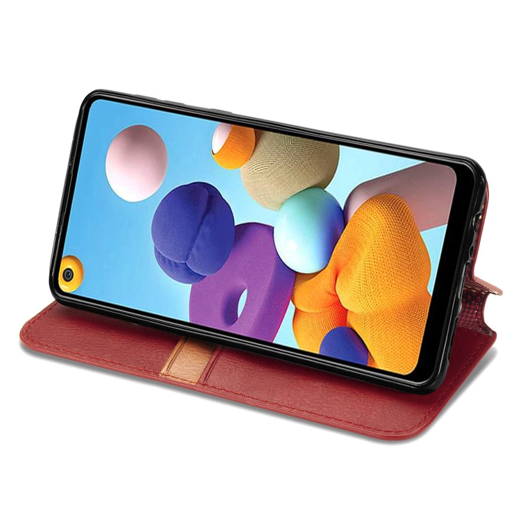 For Samsung Galaxy A21 (US Version) Cubic Grid Pressed Horizontal Flip Magnetic Leather Case with Holder & Card Slots & Wallet