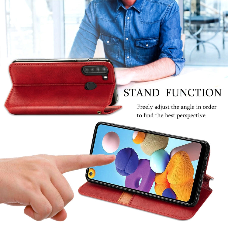 For Samsung Galaxy A21 (US Version) Cubic Grid Pressed Horizontal Flip Magnetic Leather Case with Holder & Card Slots & Wallet