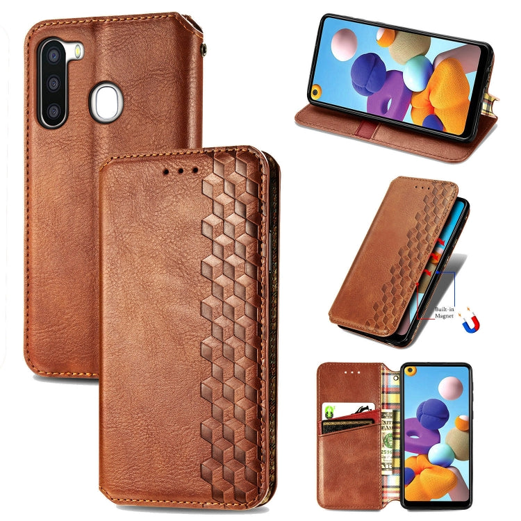 For Samsung Galaxy A21 (EU Version) Cubic Grid Pressed Horizontal Flip Magnetic Leather Case with Holder & Card Slots & Wallet