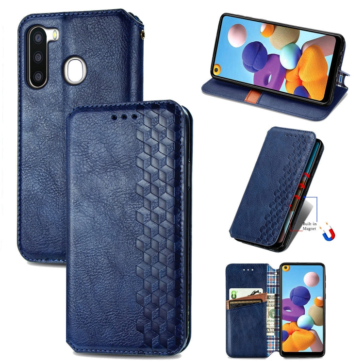 For Samsung Galaxy A21 (EU Version) Cubic Grid Pressed Horizontal Flip Magnetic Leather Case with Holder & Card Slots & Wallet