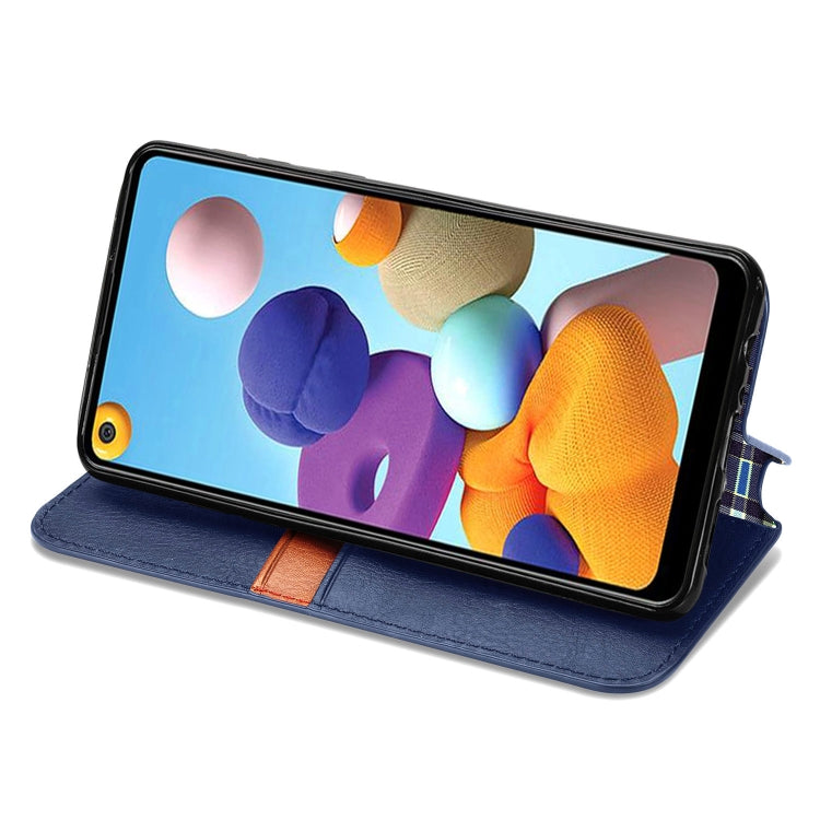 For Samsung Galaxy A21 (EU Version) Cubic Grid Pressed Horizontal Flip Magnetic Leather Case with Holder & Card Slots & Wallet