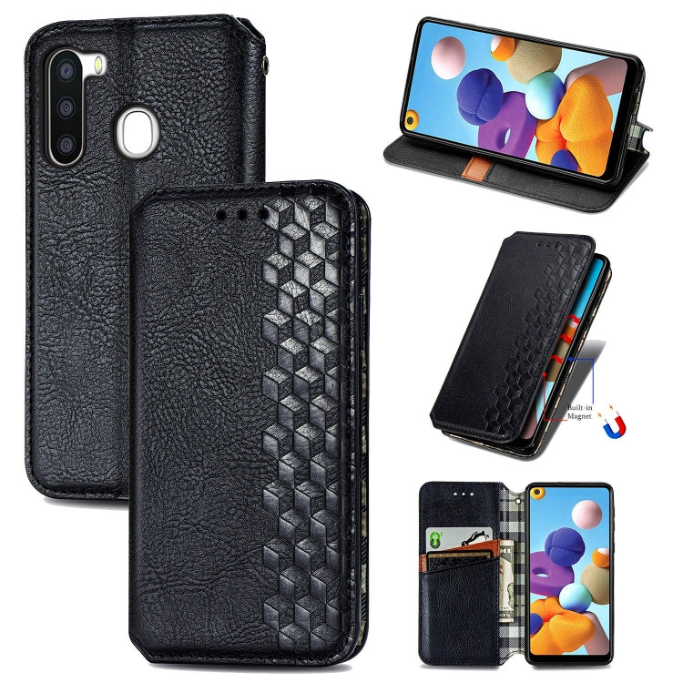 For Samsung Galaxy A21 (EU Version) Cubic Grid Pressed Horizontal Flip Magnetic Leather Case with Holder & Card Slots & Wallet