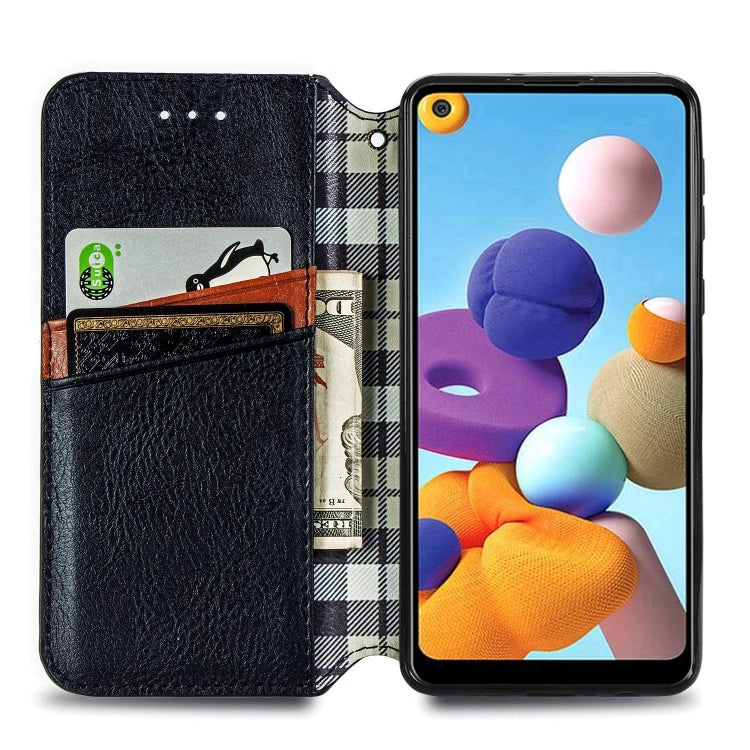 For Samsung Galaxy A21 (EU Version) Cubic Grid Pressed Horizontal Flip Magnetic Leather Case with Holder & Card Slots & Wallet