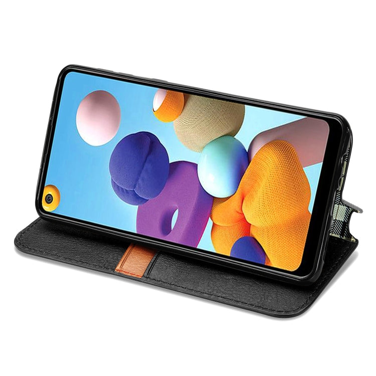 For Samsung Galaxy A21 (EU Version) Cubic Grid Pressed Horizontal Flip Magnetic Leather Case with Holder & Card Slots & Wallet