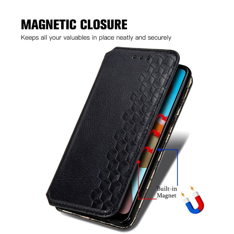 For Samsung Galaxy A21 (EU Version) Cubic Grid Pressed Horizontal Flip Magnetic Leather Case with Holder & Card Slots & Wallet