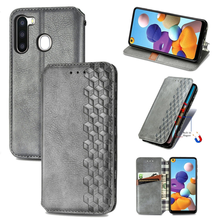 For Samsung Galaxy A21 (EU Version) Cubic Grid Pressed Horizontal Flip Magnetic Leather Case with Holder & Card Slots & Wallet