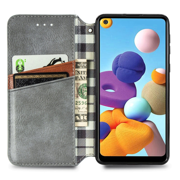 For Samsung Galaxy A21 (EU Version) Cubic Grid Pressed Horizontal Flip Magnetic Leather Case with Holder & Card Slots & Wallet