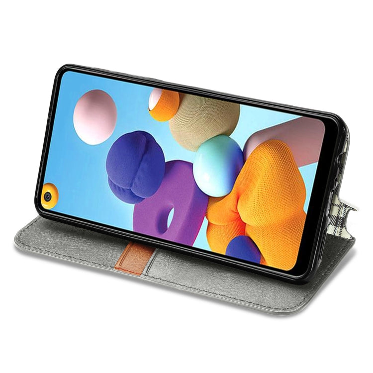 For Samsung Galaxy A21 (EU Version) Cubic Grid Pressed Horizontal Flip Magnetic Leather Case with Holder & Card Slots & Wallet