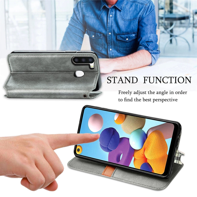 For Samsung Galaxy A21 (EU Version) Cubic Grid Pressed Horizontal Flip Magnetic Leather Case with Holder & Card Slots & Wallet