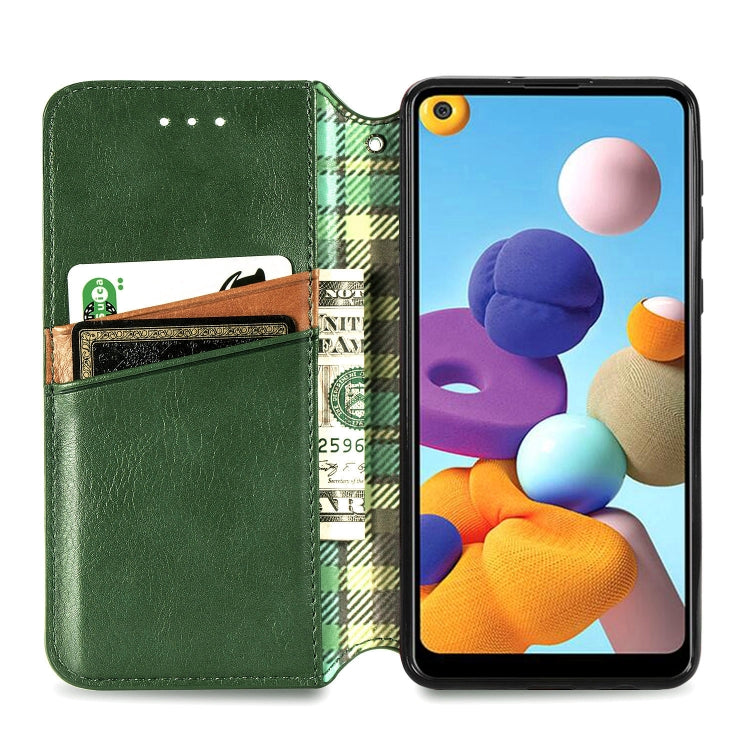 For Samsung Galaxy A21 (EU Version) Cubic Grid Pressed Horizontal Flip Magnetic Leather Case with Holder & Card Slots & Wallet