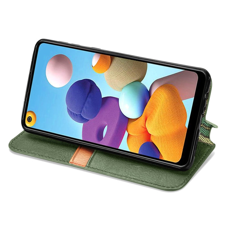 For Samsung Galaxy A21 (EU Version) Cubic Grid Pressed Horizontal Flip Magnetic Leather Case with Holder & Card Slots & Wallet