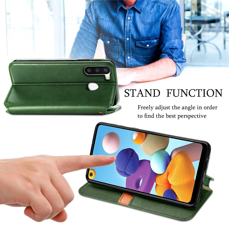 For Samsung Galaxy A21 (EU Version) Cubic Grid Pressed Horizontal Flip Magnetic Leather Case with Holder & Card Slots & Wallet