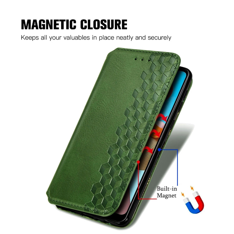 For Samsung Galaxy A21 (EU Version) Cubic Grid Pressed Horizontal Flip Magnetic Leather Case with Holder & Card Slots & Wallet