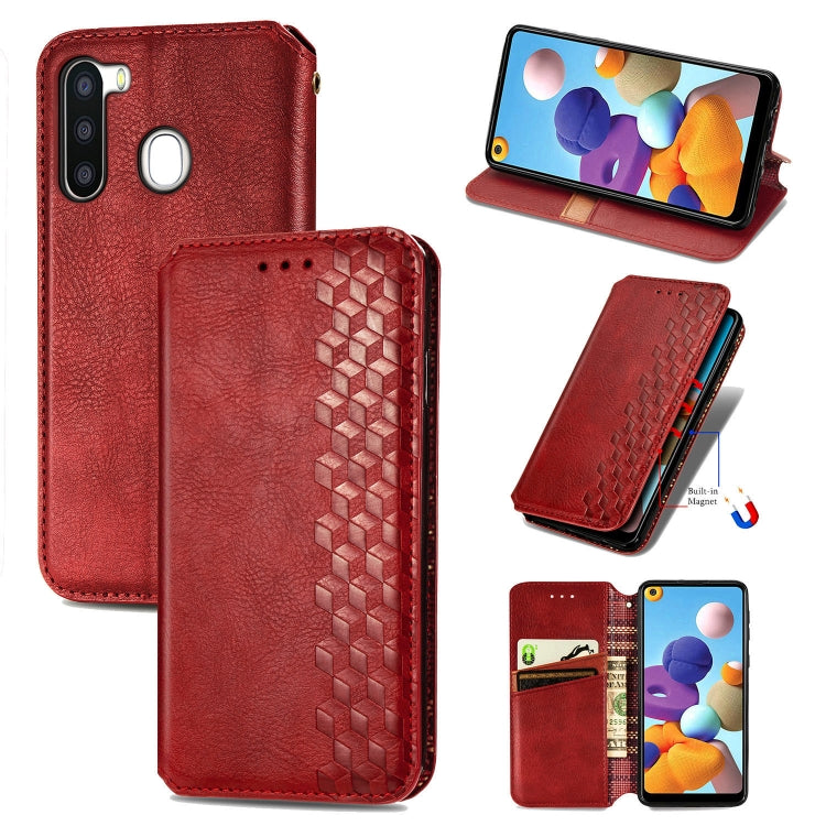 For Samsung Galaxy A21 (EU Version) Cubic Grid Pressed Horizontal Flip Magnetic Leather Case with Holder & Card Slots & Wallet
