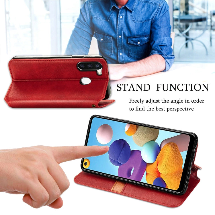 For Samsung Galaxy A21 (EU Version) Cubic Grid Pressed Horizontal Flip Magnetic Leather Case with Holder & Card Slots & Wallet