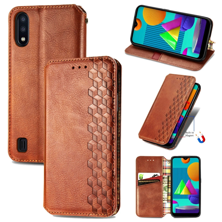 For Samsung Galaxy M01 Cubic Grid Pressed Horizontal Flip Magnetic Leather Case with Holder & Card Slots & Wallet