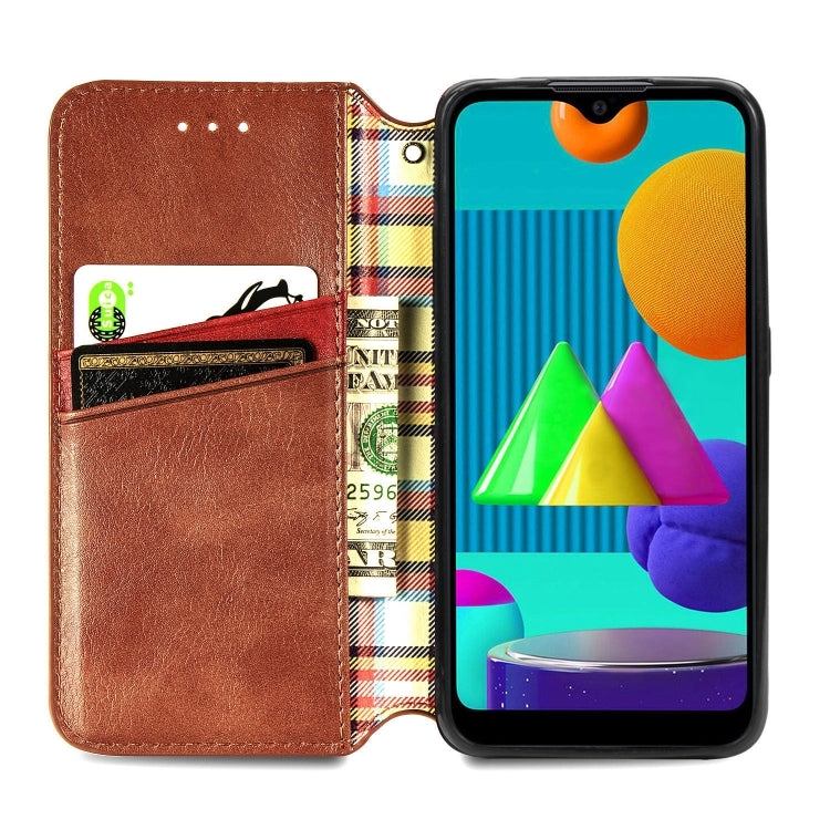 For Samsung Galaxy M01 Cubic Grid Pressed Horizontal Flip Magnetic Leather Case with Holder & Card Slots & Wallet