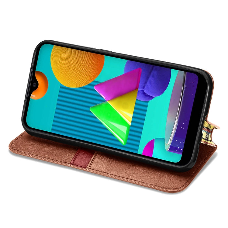 For Samsung Galaxy M01 Cubic Grid Pressed Horizontal Flip Magnetic Leather Case with Holder & Card Slots & Wallet