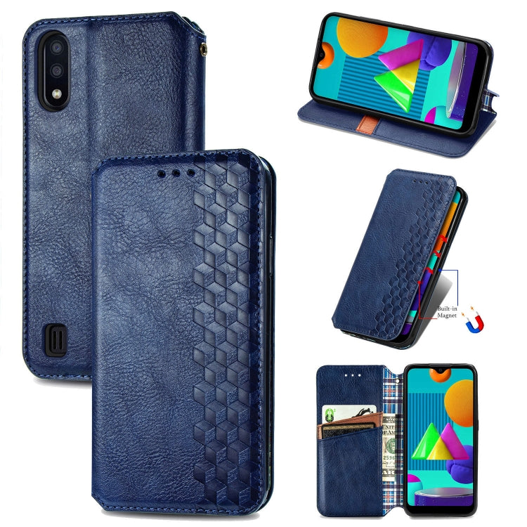 For Samsung Galaxy M01 Cubic Grid Pressed Horizontal Flip Magnetic Leather Case with Holder & Card Slots & Wallet