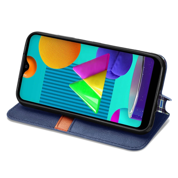 For Samsung Galaxy M01 Cubic Grid Pressed Horizontal Flip Magnetic Leather Case with Holder & Card Slots & Wallet
