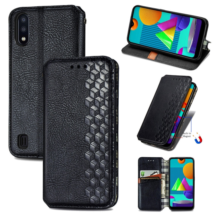 For Samsung Galaxy M01 Cubic Grid Pressed Horizontal Flip Magnetic Leather Case with Holder & Card Slots & Wallet
