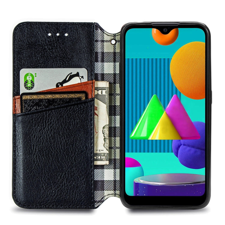 For Samsung Galaxy M01 Cubic Grid Pressed Horizontal Flip Magnetic Leather Case with Holder & Card Slots & Wallet