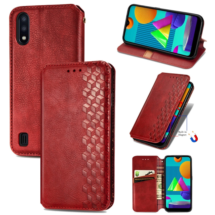 For Samsung Galaxy M01 Cubic Grid Pressed Horizontal Flip Magnetic Leather Case with Holder & Card Slots & Wallet