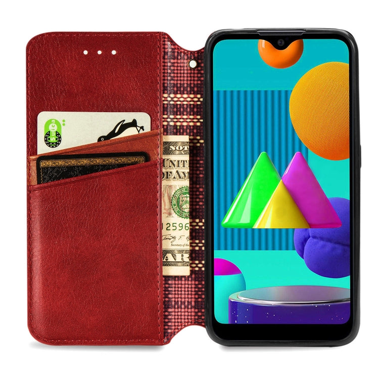For Samsung Galaxy M01 Cubic Grid Pressed Horizontal Flip Magnetic Leather Case with Holder & Card Slots & Wallet