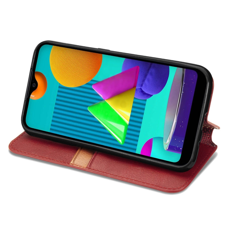For Samsung Galaxy M01 Cubic Grid Pressed Horizontal Flip Magnetic Leather Case with Holder & Card Slots & Wallet