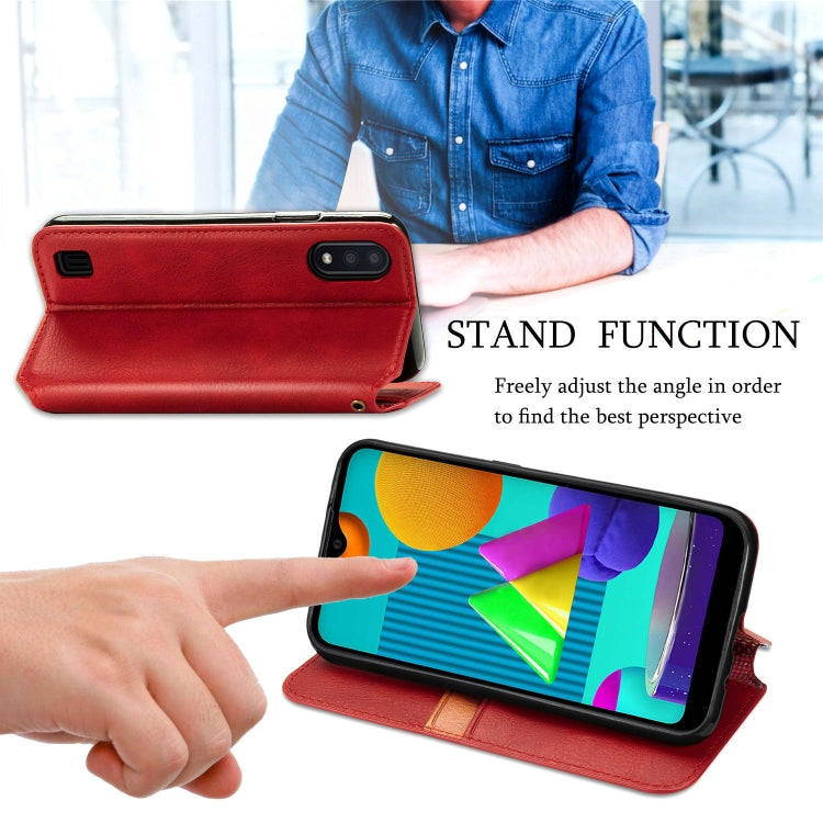 For Samsung Galaxy M01 Cubic Grid Pressed Horizontal Flip Magnetic Leather Case with Holder & Card Slots & Wallet