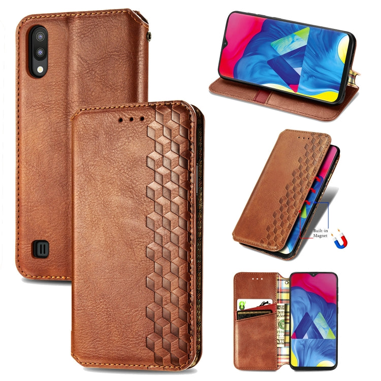 For Samsung Galaxy M10 Cubic Grid Pressed Horizontal Flip Magnetic Leather Case with Holder & Card Slots & Wallet