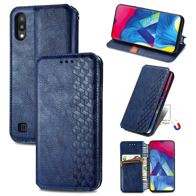 For Samsung Galaxy M10 Cubic Grid Pressed Horizontal Flip Magnetic Leather Case with Holder & Card Slots & Wallet