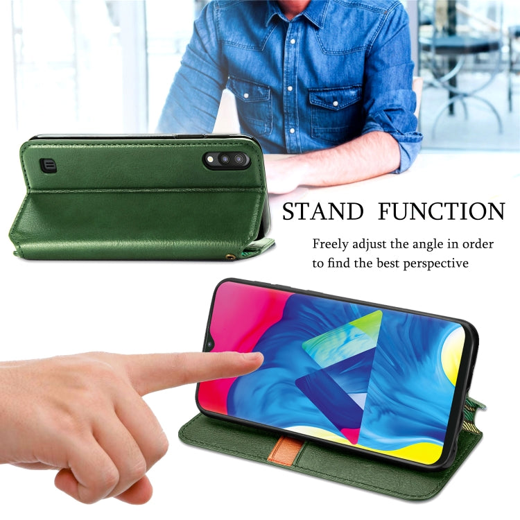 For Samsung Galaxy M10 Cubic Grid Pressed Horizontal Flip Magnetic Leather Case with Holder & Card Slots & Wallet