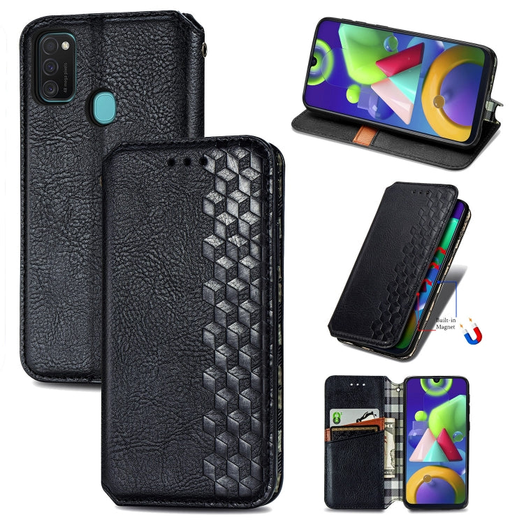 For Samsung Galaxy M21/M30s Cubic Grid Pressed Horizontal Flip Magnetic Leather Case with Holder & Card Slots & Wallet