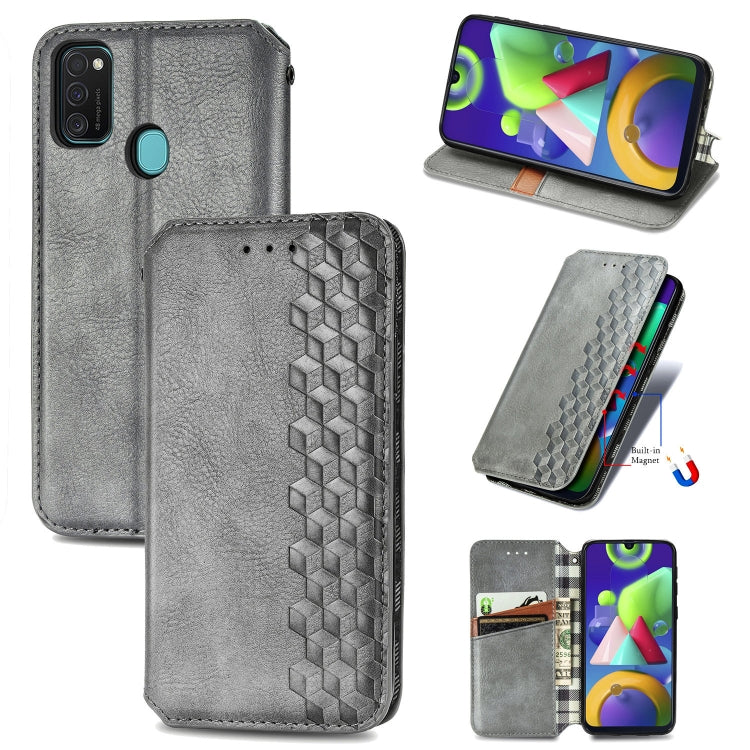 For Samsung Galaxy M21/M30s Cubic Grid Pressed Horizontal Flip Magnetic Leather Case with Holder & Card Slots & Wallet