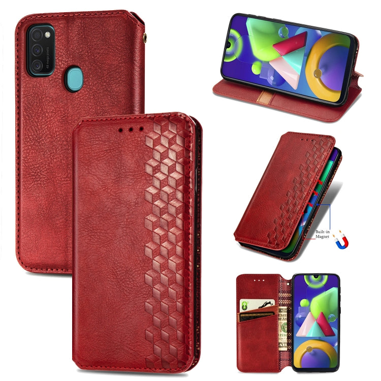 For Samsung Galaxy M21/M30s Cubic Grid Pressed Horizontal Flip Magnetic Leather Case with Holder & Card Slots & Wallet