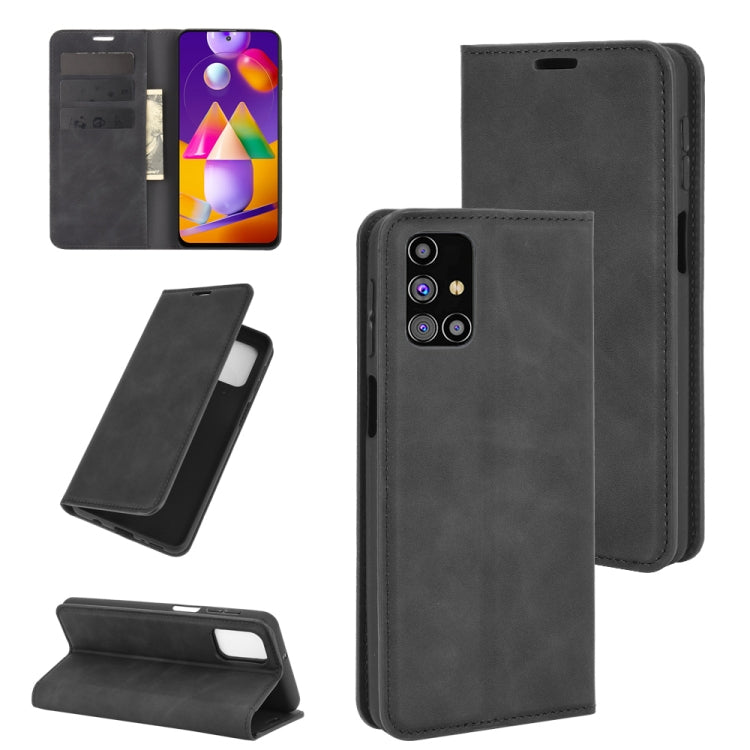 For Samsung Galaxy M31s Retro-skin Business Magnetic Suction Leather Case with Holder & Card Slots & Wallet