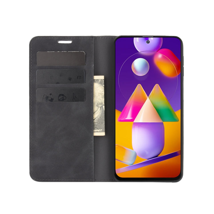 For Samsung Galaxy M31s Retro-skin Business Magnetic Suction Leather Case with Holder & Card Slots & Wallet