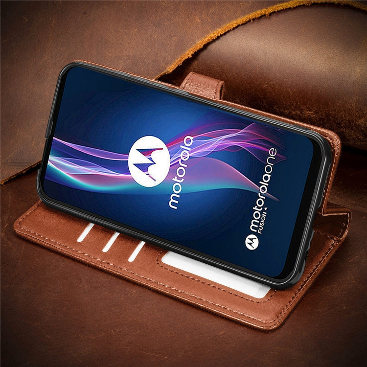 For Motorola One Fusion Plus Retro Solid Color Leather Buckle Phone Case with Lanyard & Photo Frame & Card Slot & Wallet & Stand Function