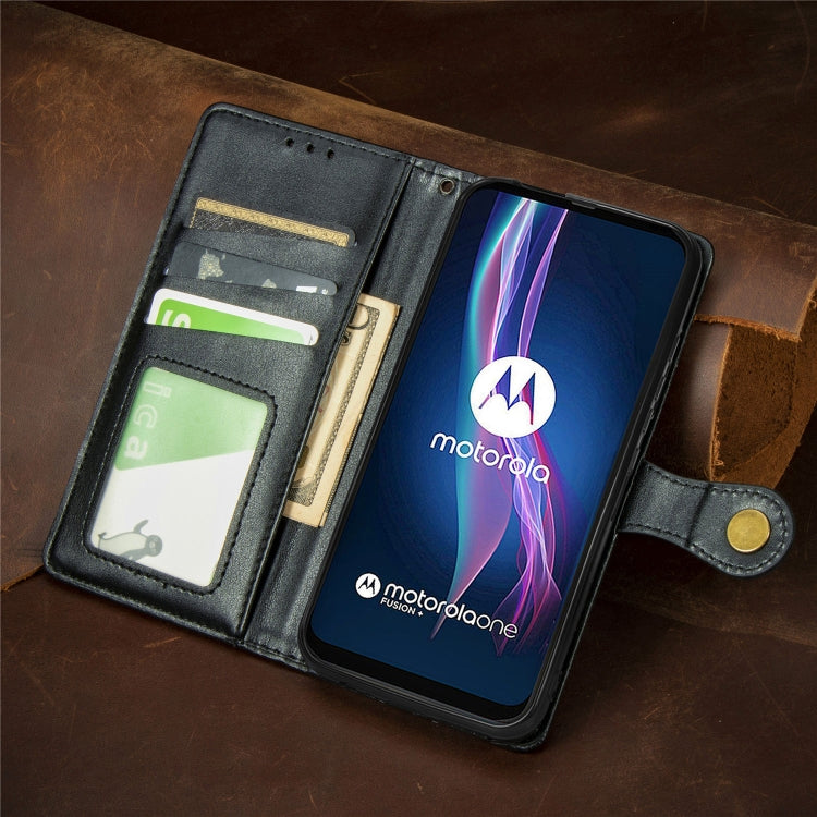 For Motorola One Fusion Plus Retro Solid Color Leather Buckle Phone Case with Lanyard & Photo Frame & Card Slot & Wallet & Stand Function