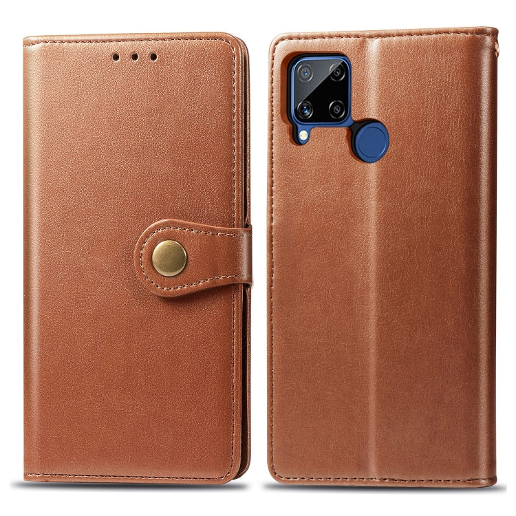 For OPPO Realme C15 Retro Solid Color Leather Buckle Phone Case with Lanyard & Photo Frame & Card Slot & Wallet & Stand Function