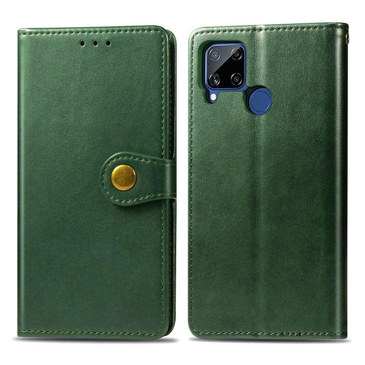 For OPPO Realme C15 Retro Solid Color Leather Buckle Phone Case with Lanyard & Photo Frame & Card Slot & Wallet & Stand Function