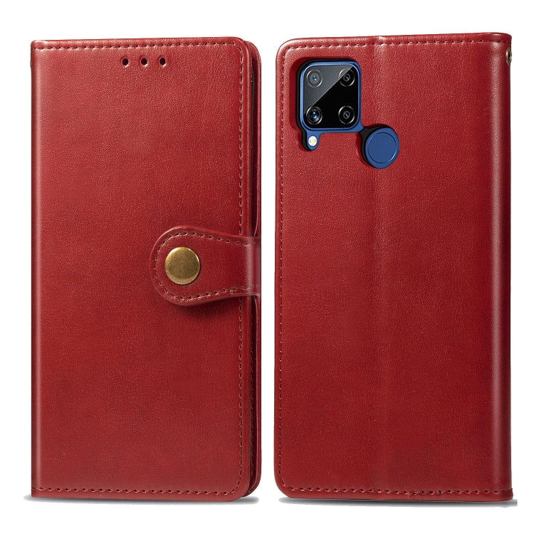 For OPPO Realme C15 Retro Solid Color Leather Buckle Phone Case with Lanyard & Photo Frame & Card Slot & Wallet & Stand Function