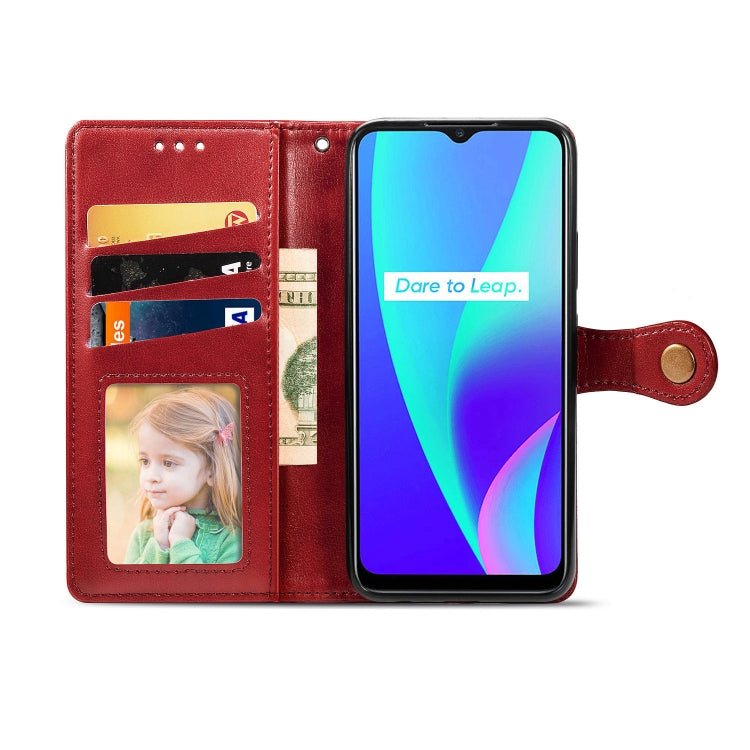 For OPPO Realme C15 Retro Solid Color Leather Buckle Phone Case with Lanyard & Photo Frame & Card Slot & Wallet & Stand Function
